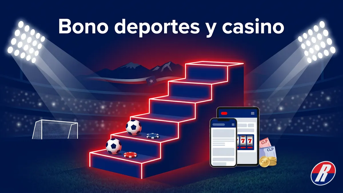 Escalera de bono de deportes y casino de Rojabet Chile con reflectores de estadio