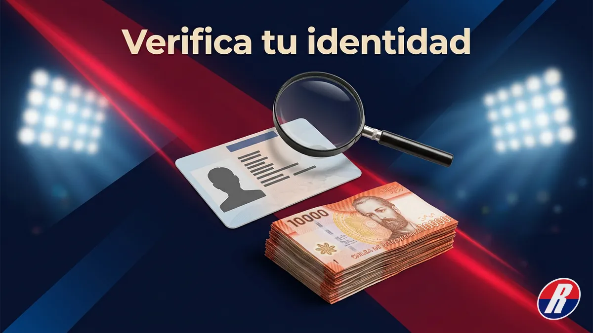 Documento genérico y billetes de pesos chilenos junto a un ícono de verificación para la cuenta de Rojabet