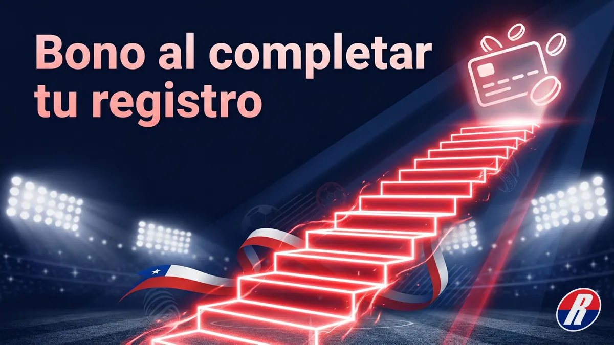 Escalera de luz roja que sube hacia un ícono de bono, representando el bono de bienvenida de Rojabet en Chile